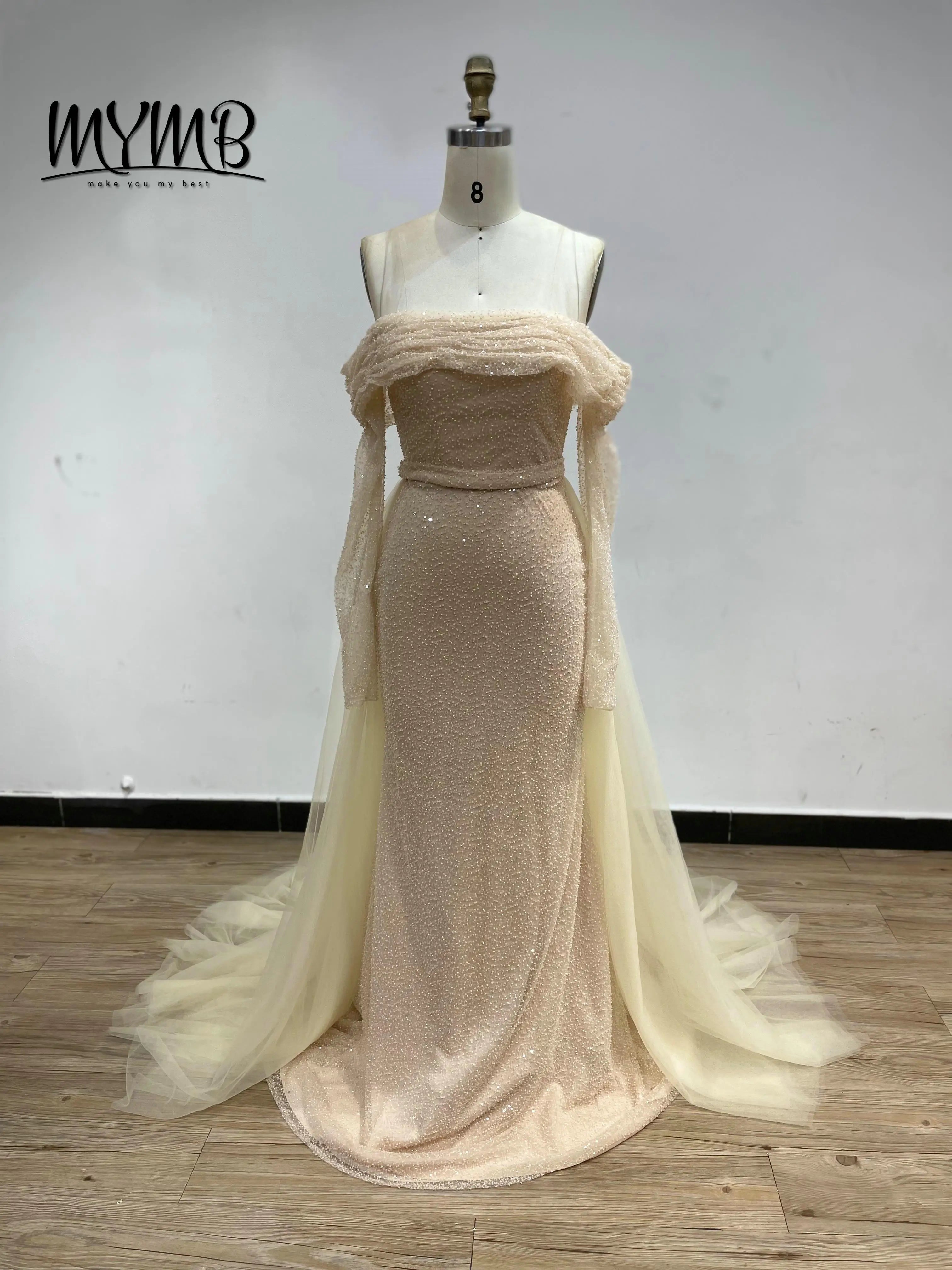 MYMB Fairy Flowing Long Sleeves Homecoming Dresses Off the Shoulder Backless Sequin Gowns With Detachable Skirt for Girls DDS051