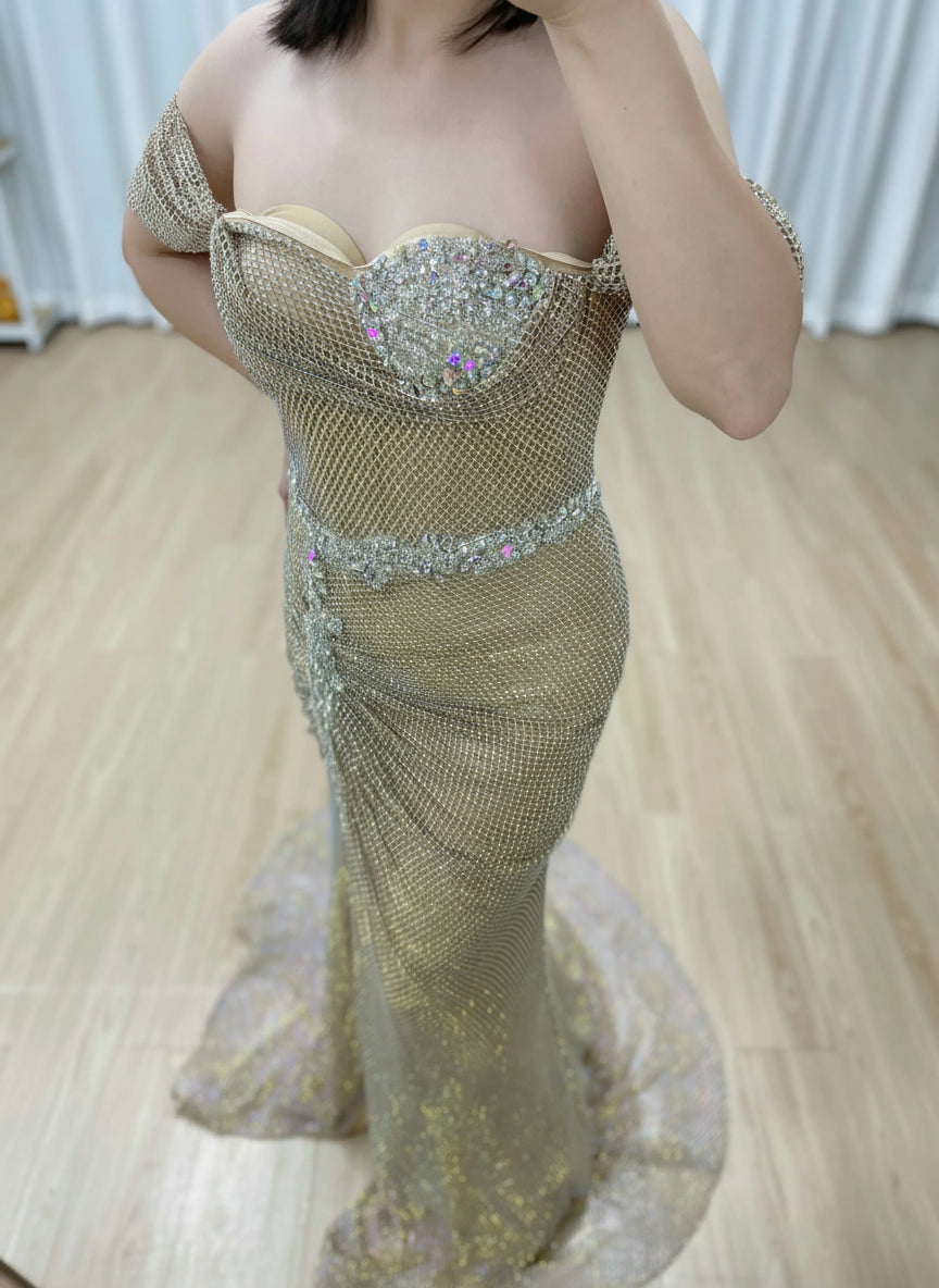 MYMB New Fashion Gold Beaded Mermaid Prom Dress Strapless Sweetheart Design With Glittering Sequins High Split for Gala MB40437