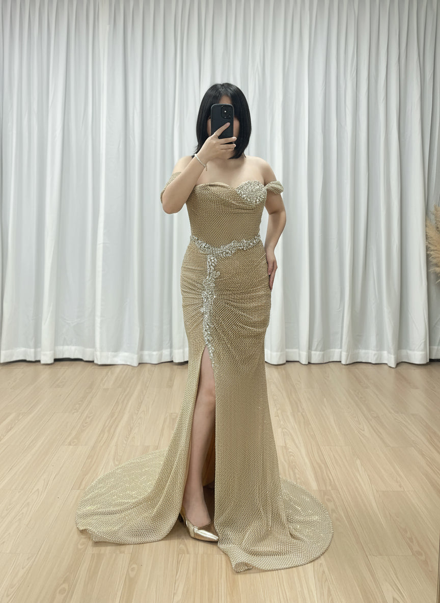 MYMB New Fashion Gold Beaded Mermaid Prom Dress Strapless Sweetheart Design With Glittering Sequins High Split for Gala MB40437