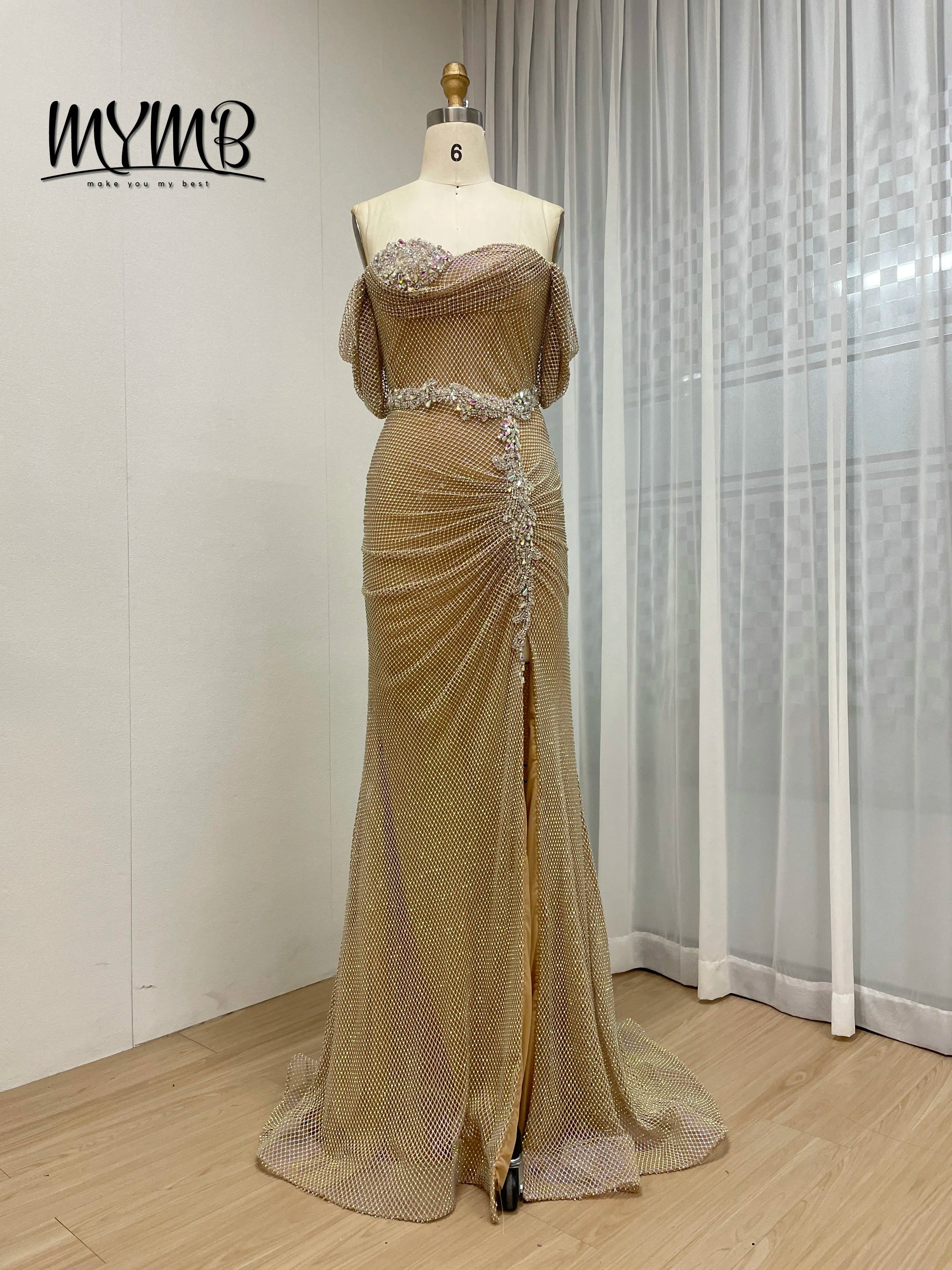 MYMB New Fashion Gold Beaded Mermaid Prom Dress Strapless Sweetheart Design With Glittering Sequins High Split for Gala MB40437