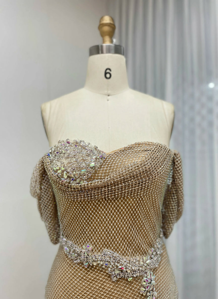 MYMB New Fashion Gold Beaded Mermaid Prom Dress Strapless Sweetheart Design With Glittering Sequins High Split for Gala MB40437