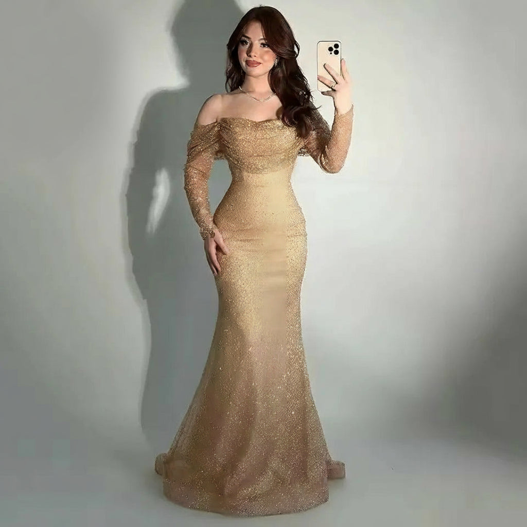 MYMB Fairy Flowing Long Sleeves Homecoming Dresses Off the Shoulder Backless Sequin Gowns With Detachable Skirt for Girls DDS051