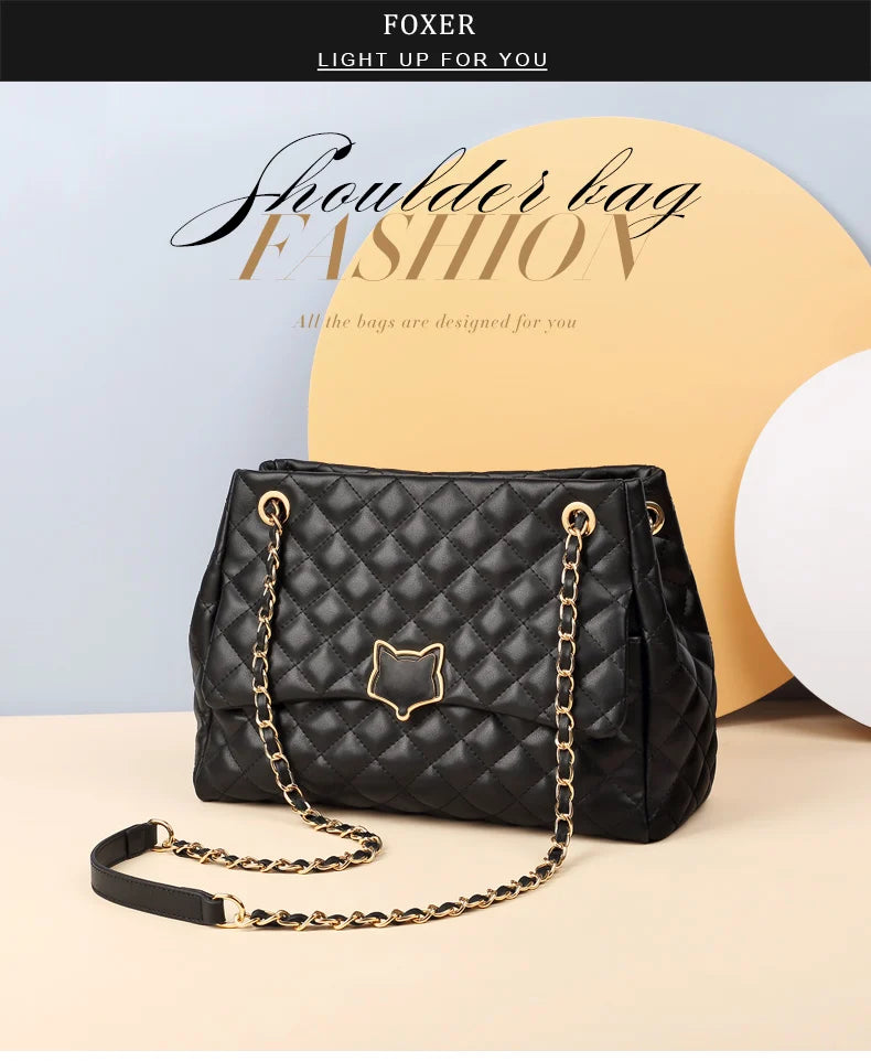 FOXER Black Women Split Leather Handbag Classic Female Shoulder Crossbody Bag Large Capacity Commute Lady Laptop Top Handle Bags