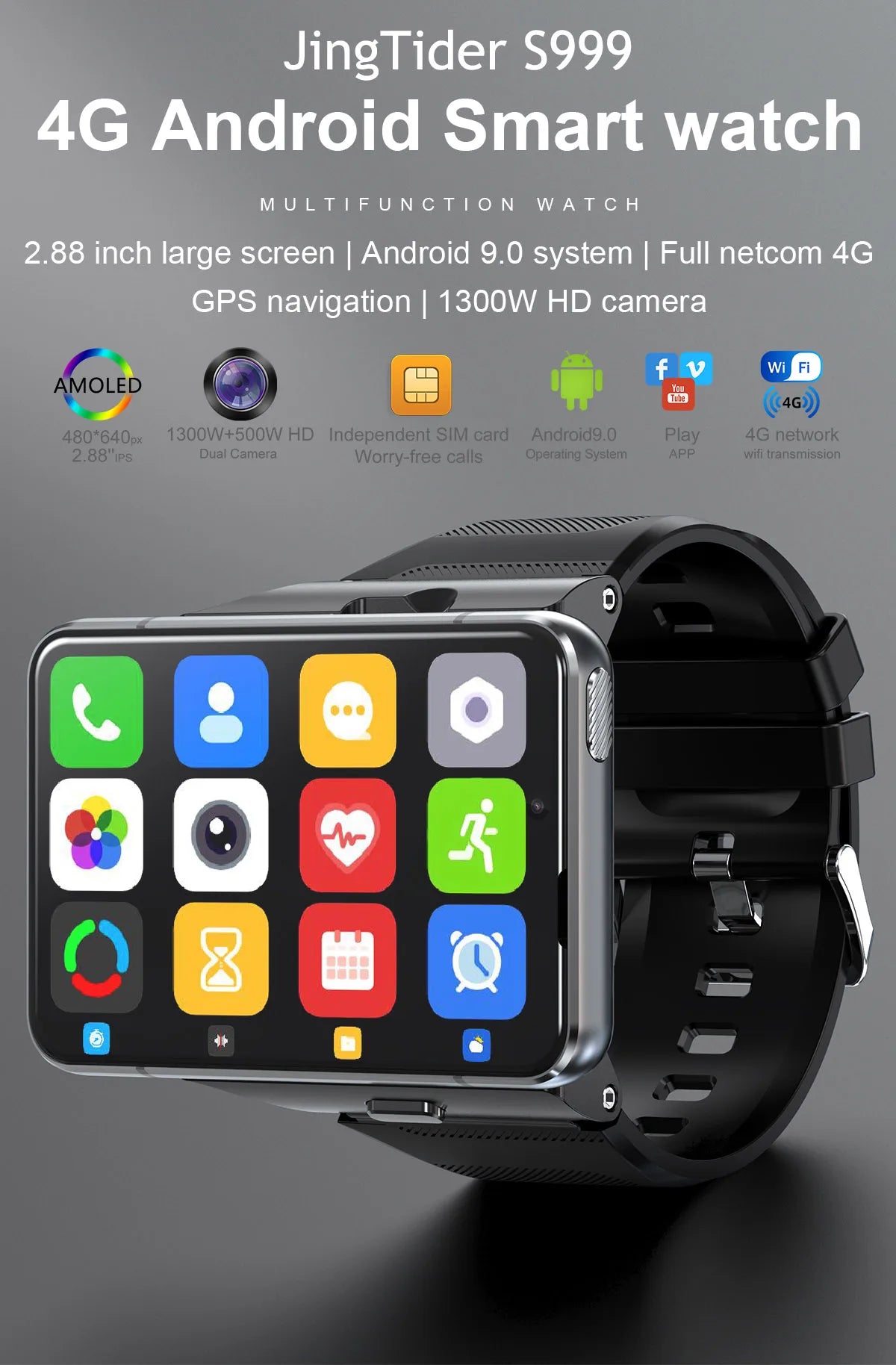 New S999 4G SmartWatch Quad Core Android OS Watch 4GB RAM 64GB ROM 2.88 Inch HD Screen Smartwatch Double Cameras 2300mAh Battery