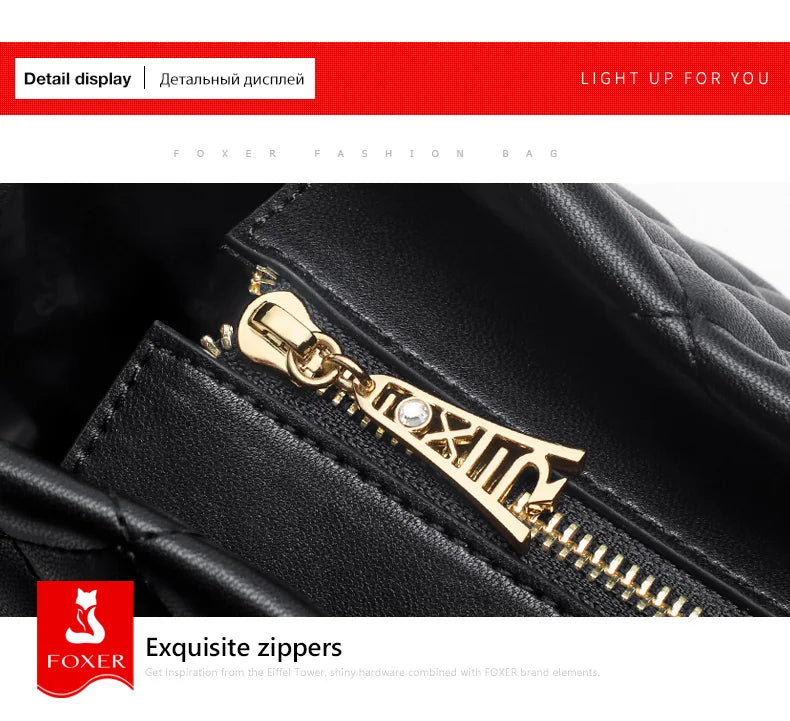 FOXER Black Women Split Leather Handbag Classic Female Shoulder Crossbody Bag Large Capacity Commute Lady Laptop Top Handle Bags