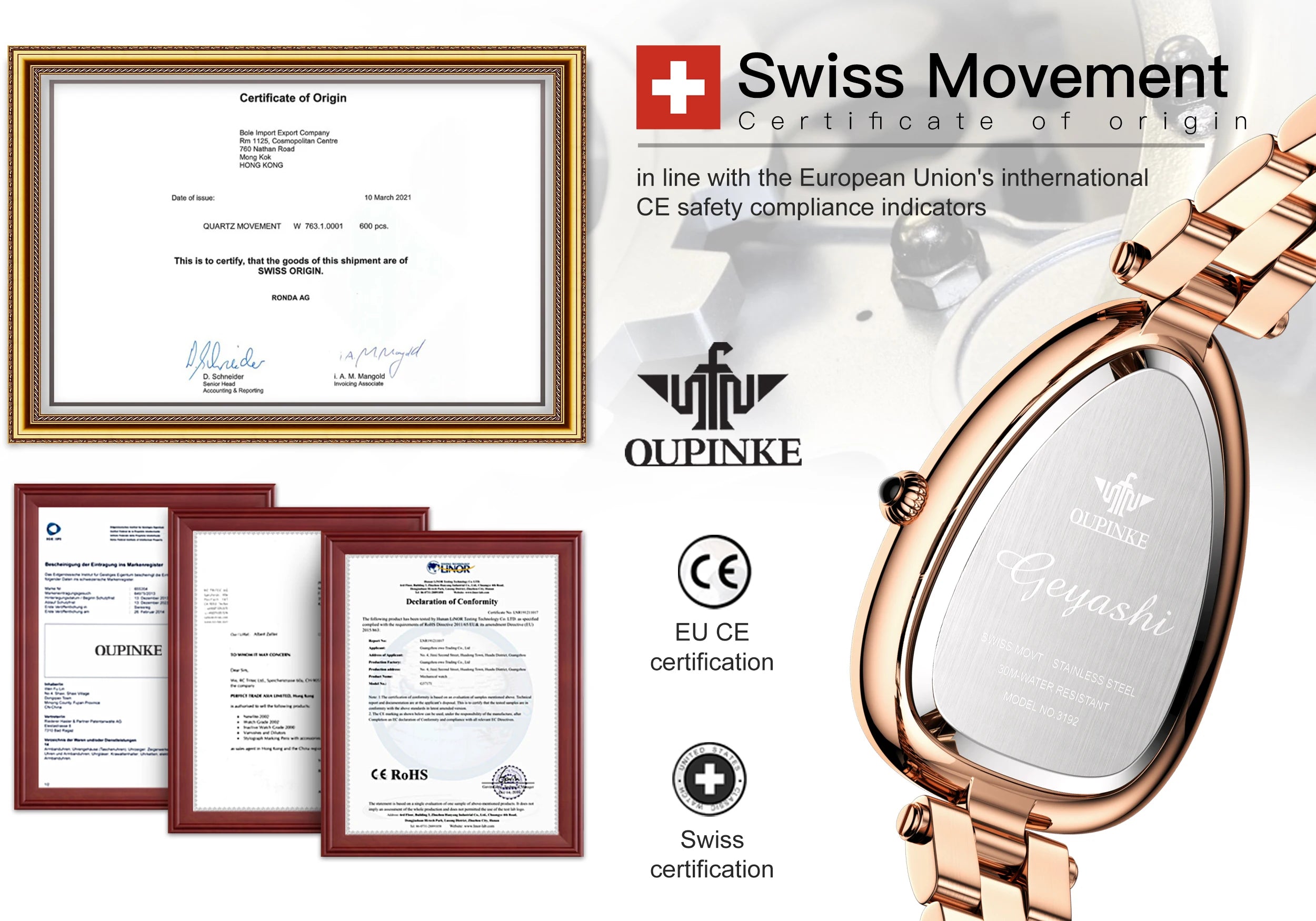 OUPINKE Watch for Women Swiss Movement Luxury Diamond Sapphire Mirror Watperoof Original Elegant Dress Ladies Wrist Watch Set