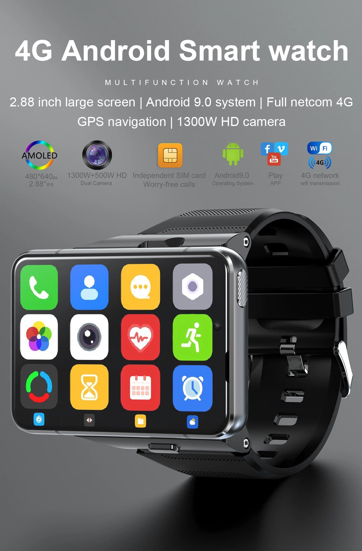 New S999 4G SmartWatch Quad Core Android OS Watch 4GB RAM 64GB ROM 2.88 Inch HD Screen Smartwatch Double Cameras 2300mAh Battery