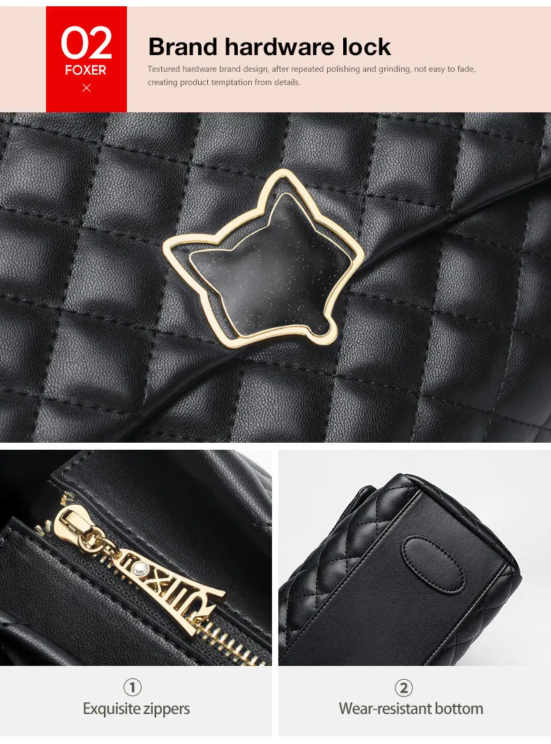 FOXER Black Women Split Leather Handbag Classic Female Shoulder Crossbody Bag Large Capacity Commute Lady Laptop Top Handle Bags