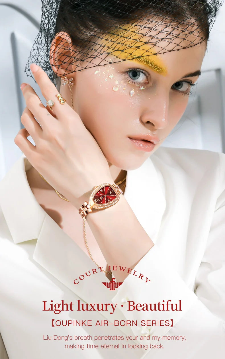 OUPINKE Watch for Women Swiss Movement Luxury Diamond Sapphire Mirror Watperoof Original Elegant Dress Ladies Wrist Watch Set