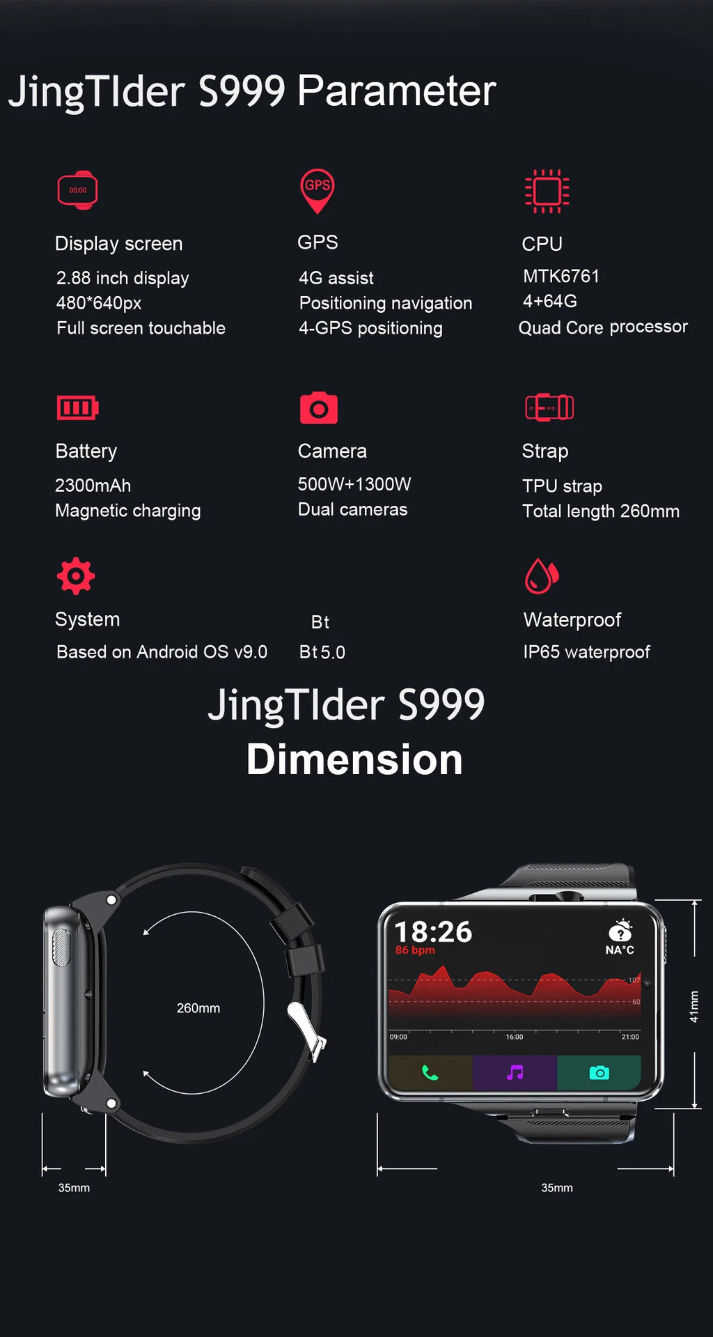 New S999 4G SmartWatch Quad Core Android OS Watch 4GB RAM 64GB ROM 2.88 Inch HD Screen Smartwatch Double Cameras 2300mAh Battery