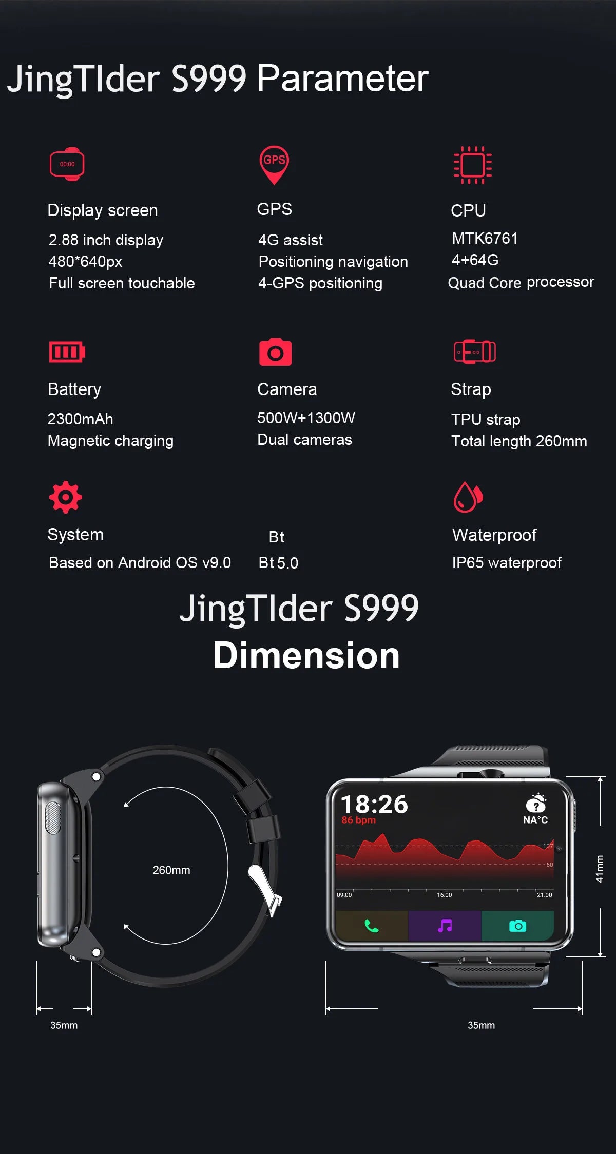 New S999 4G SmartWatch Quad Core Android OS Watch 4GB RAM 64GB ROM 2.88 Inch HD Screen Smartwatch Double Cameras 2300mAh Battery