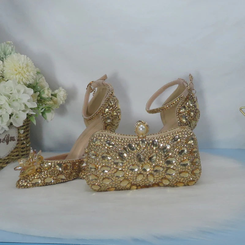 2021New  Golden crystal Bridals Wedding shoes with matching bags Rhinestone high heels ankle strap women party dress shoes