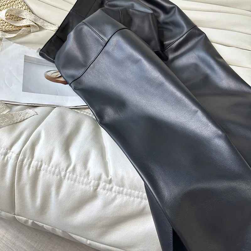 100% Real Leather Long Skirt Women 2024 New Fashion High Waist  Sexy Split Wrap Skirt Chic Ladies Sheepskin Pencil Skirts Luxury