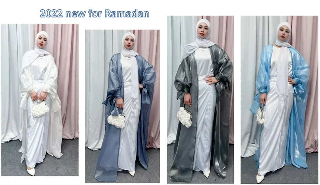 2025 Eid Abaya Dubai Puff Sleeves Muslim Dress Silky Turkey Kaftans for WomenRobe Kimono Islam Abayas Femme Musulmane African