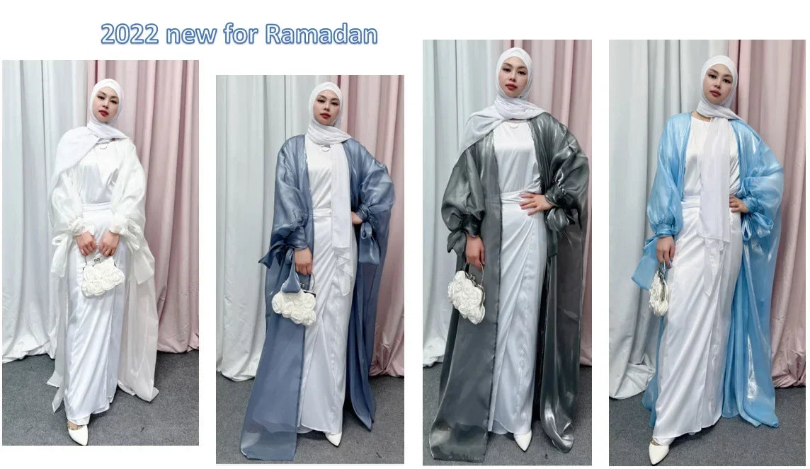 2025 Eid Abaya Dubai Puff Sleeves Muslim Dress Silky Turkey Kaftans for WomenRobe Kimono Islam Abayas Femme Musulmane African