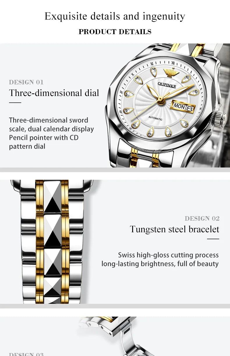 OUPINKE 3172 Fashion Simple Women Watch Gold Luxury Automatic Movement Mechanical Watch Business Calendar Elegant Women Watch