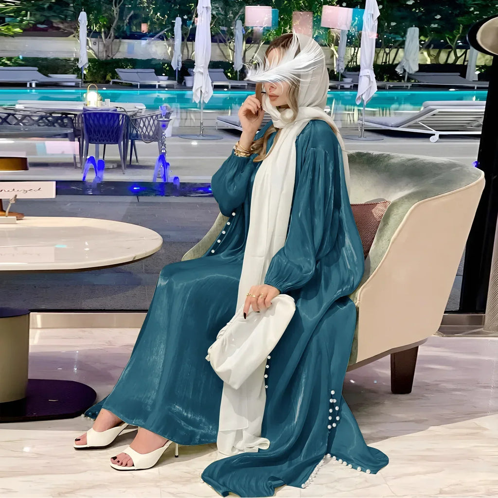 2025 Caftan Muslim Abaya Women Dress 2 Piece Set Abayas Gowns Dubai Arabic Silk Satin Kimono Cardigan Robe Outwear Autumn