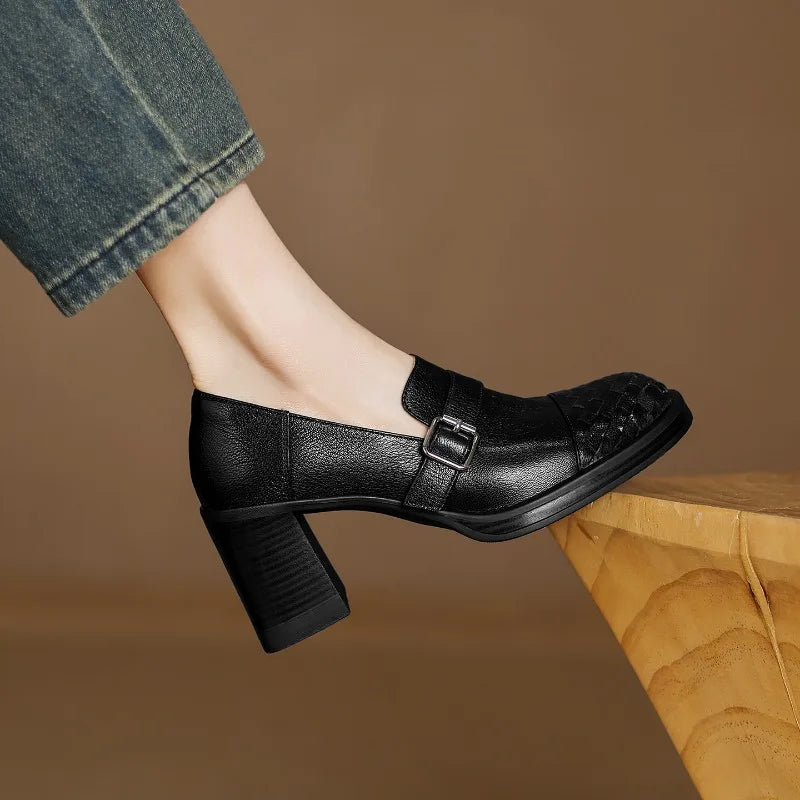 Women Genuine Leather Pumps Solid Color Fashion Simple Elegant All Season Daily Wear High Heels ≥5cm