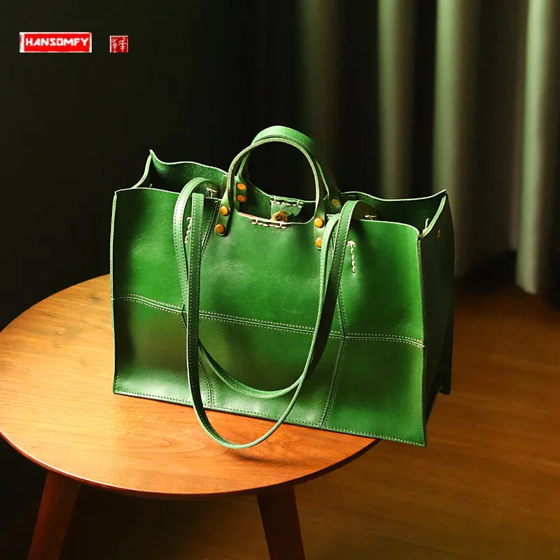 Genuine Leather Women's Handbags Cowhide Large Capacity Lady Tote Bag Niche Retro Commuter Portable Shoulder Bags 2025 New
