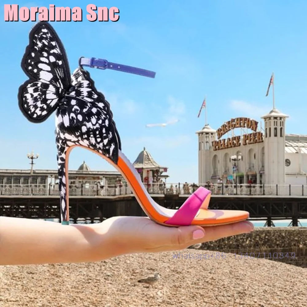 2025 New Back Butterfly Decor Wedding Shoes Bridal Sandals Stiletto High Heel Round Toe Ankle Buckle Bling Dress Shoes Banquet