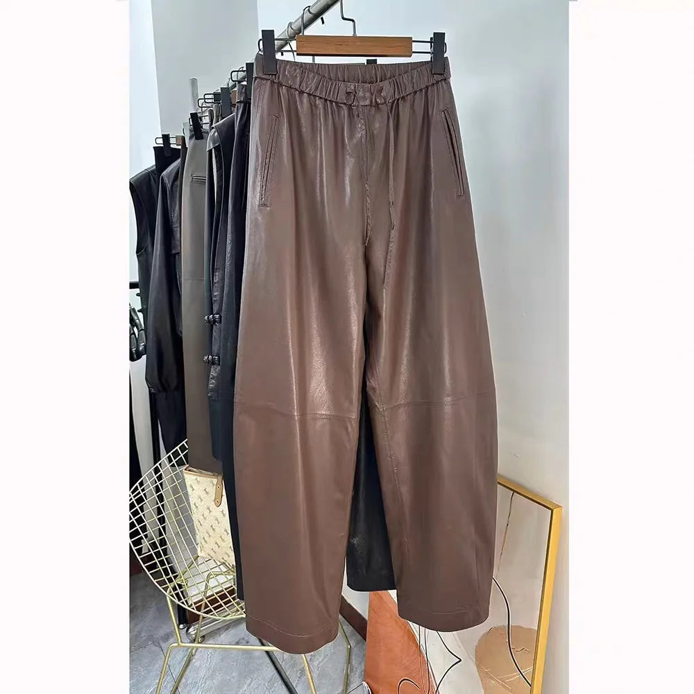 Luxury Genuine Leather Pants High Quality Women Elastic Waist Drawstring Trousers Wide Leg Pants