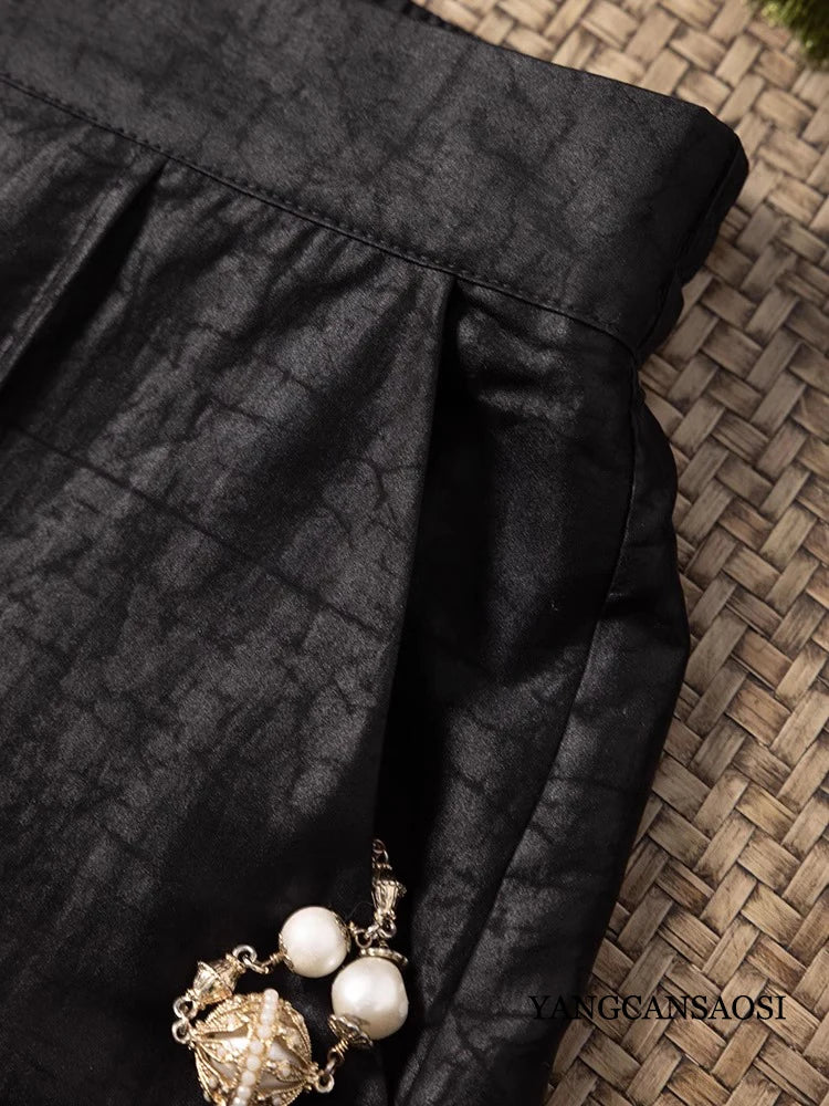 2025 Women's New Black Turtle Crack 100%Natural Mulberry Silk Fragrant Cloud Gauze Turtle Pattern Loose Straight Tube Pants