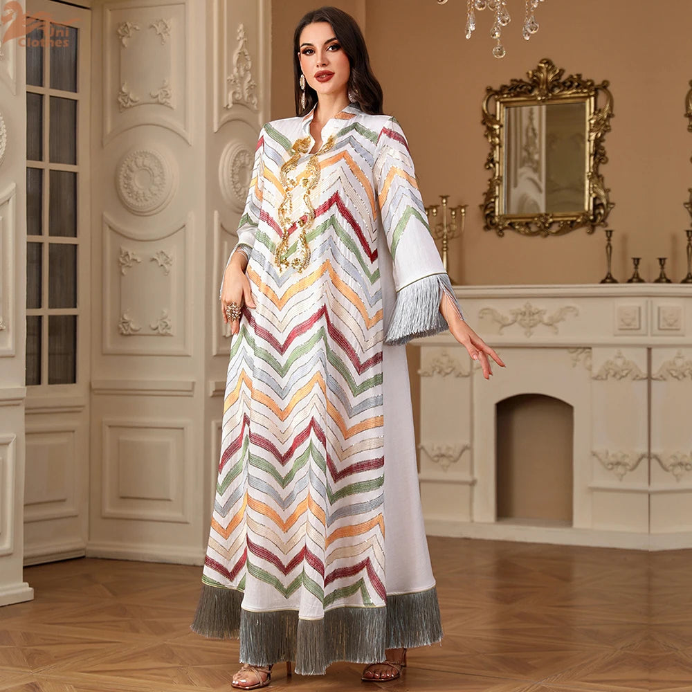 Ramadan Ethnic Saudi Women Abaya Elegant Embroidery Tassels Kaftan Clothing Jalabiya Moroccan African Dress 2025