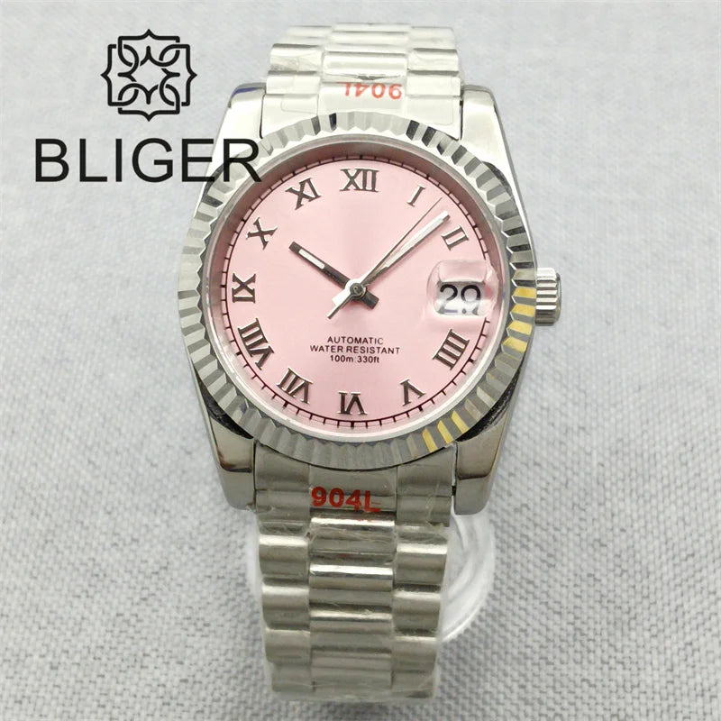 BLIGER 36mm Pink Dial WithDiamond Time Machenical Watch NH35 Automatic Movement Marks Steel Strap Silver Fluted Bezel Waterproof