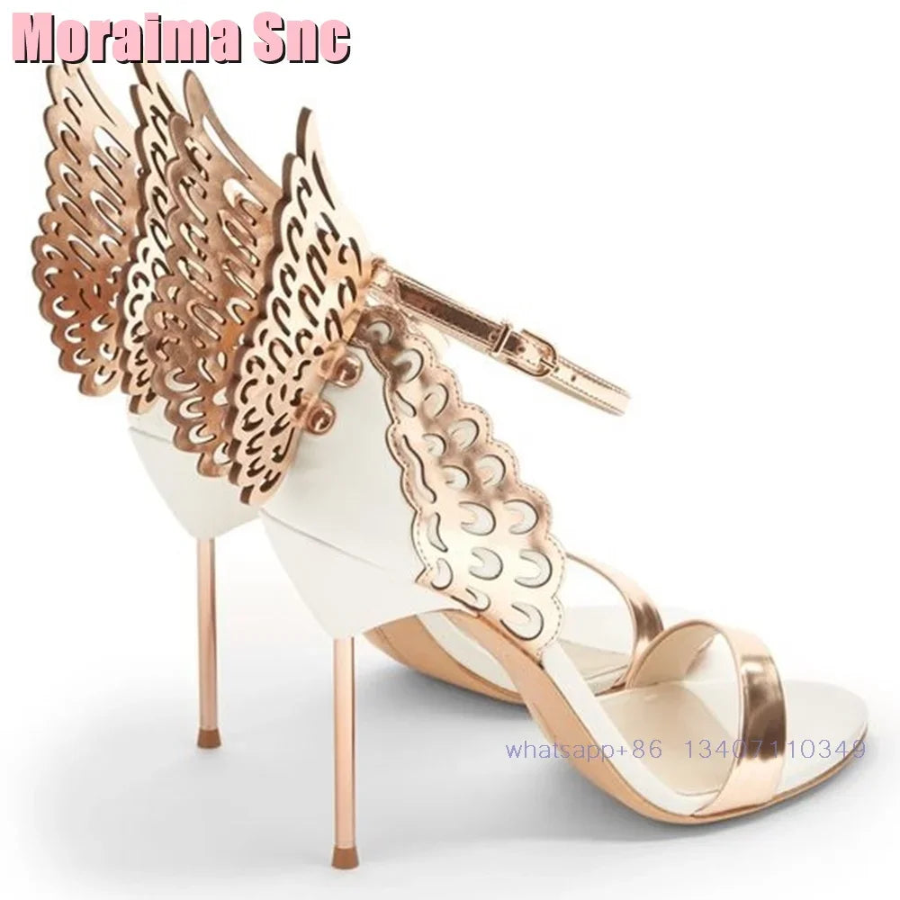 2025 New Back Butterfly Decor Wedding Shoes Bridal Sandals Stiletto High Heel Round Toe Ankle Buckle Bling Dress Shoes Banquet