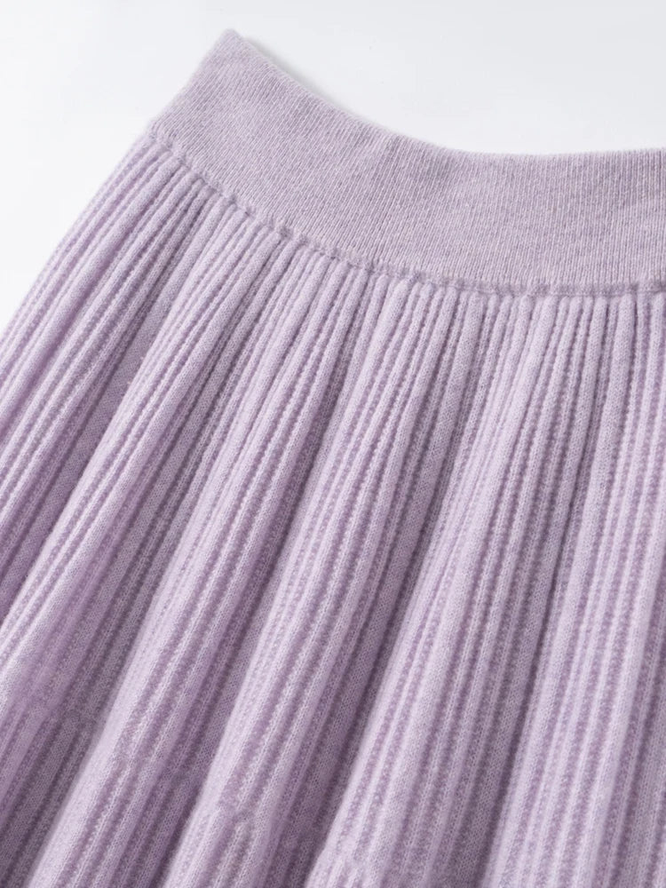 100% Cashmere Knitted Skirt Autumn Winter Women Elegant Tiered Pleats Slim A-line High Waisted Soild Office Lady Dress High-end
