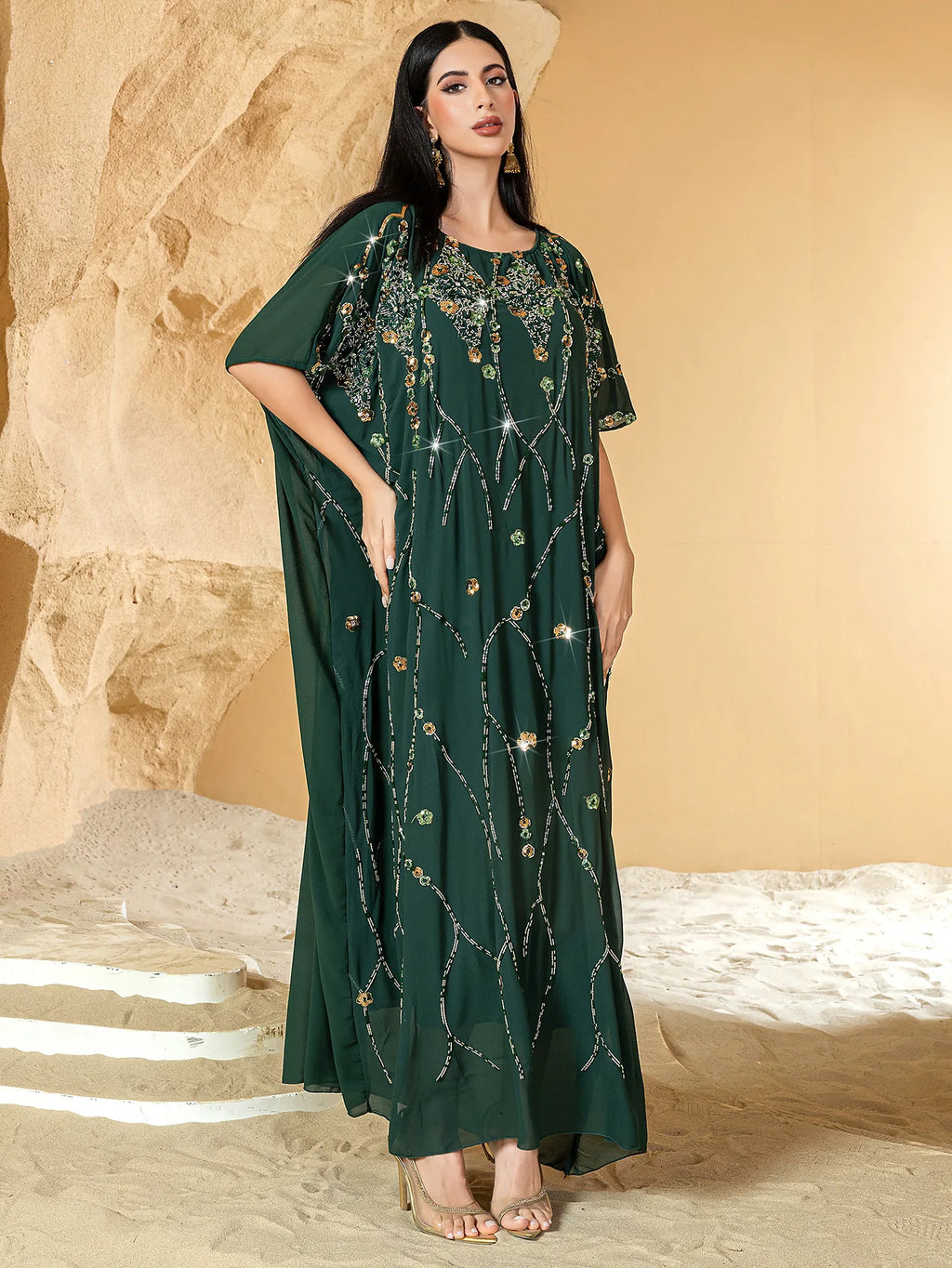 2025 Summer Eid Djellaba Morocco Sequins Embroidery Abayas Short Sleeve Dresses Jalabiya Dubai Turkey Kaftan Women Muslim Robes