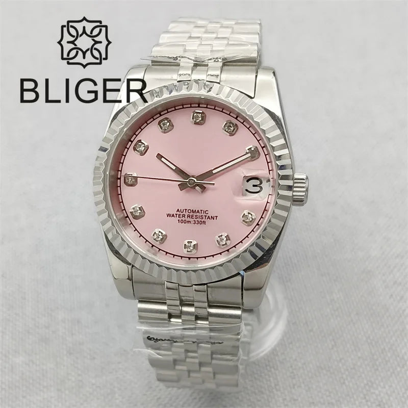 BLIGER 36mm Pink Dial WithDiamond Time Machenical Watch NH35 Automatic Movement Marks Steel Strap Silver Fluted Bezel Waterproof