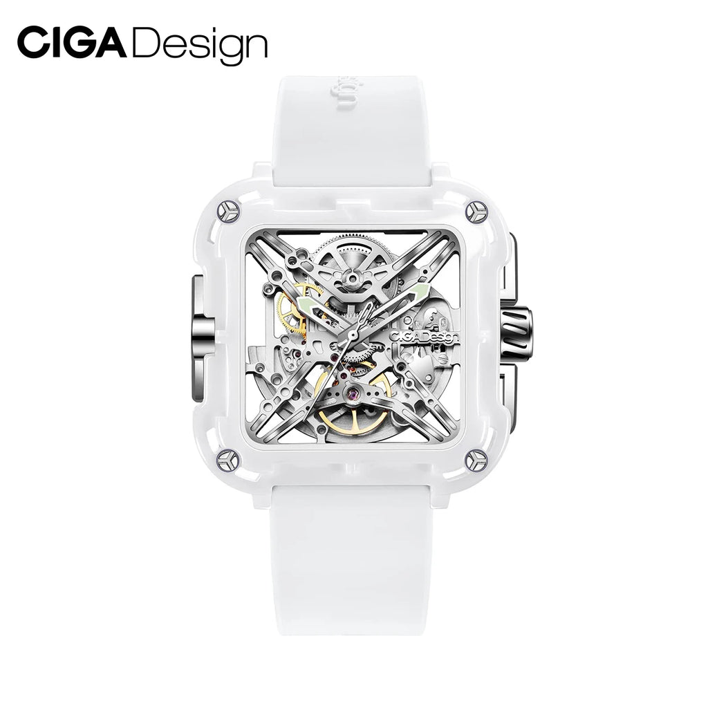 CIGA Design X Series Automatic Movement Couple Watches for Men Women White Ceramic Luminous Skeleton Mechanical Wristwatches