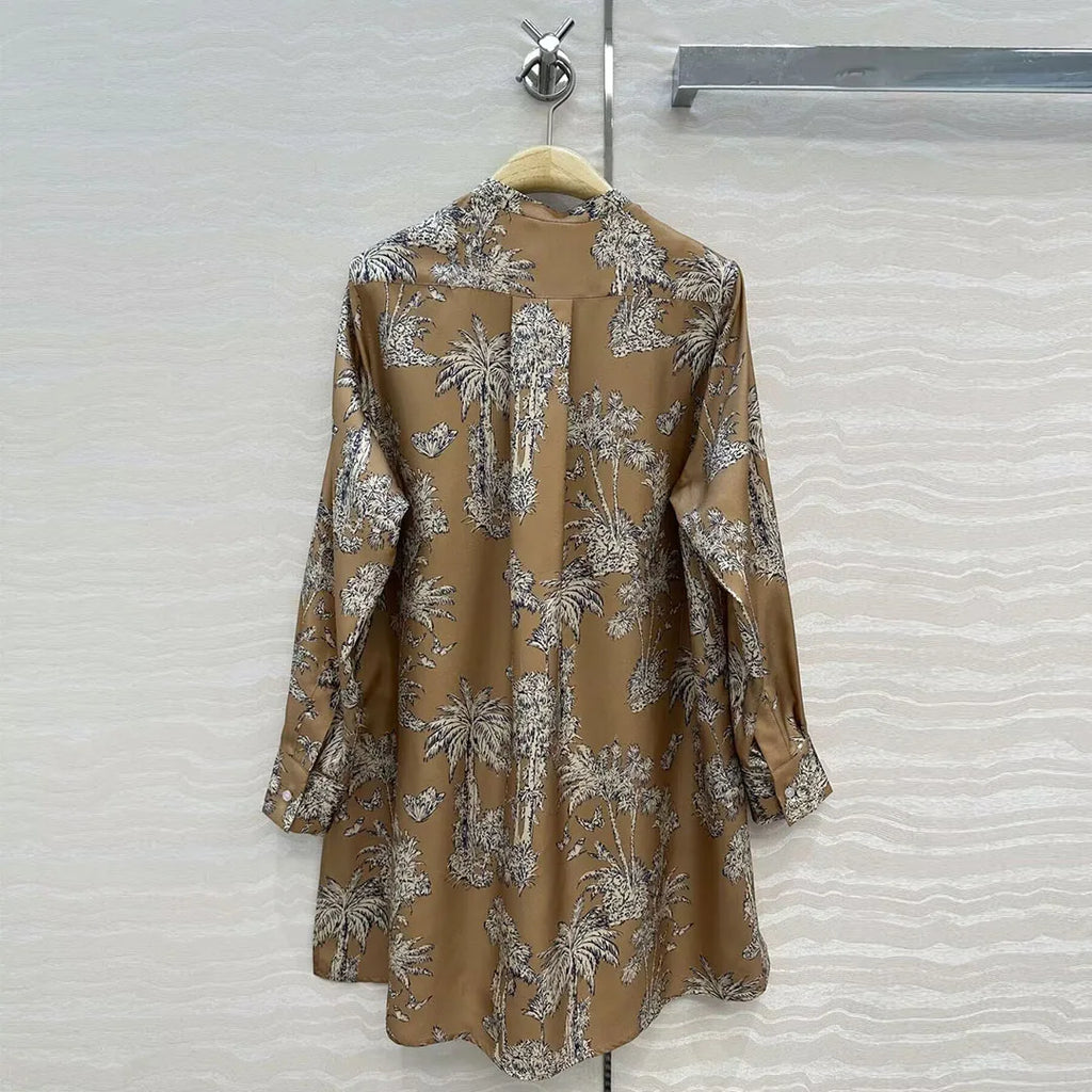 2025 New Autumn Vintage Coconut Tree Print Butterfly 100% Silk Long Shirt Women O-neck Long Sleeve Loose Casual Blouse Tops