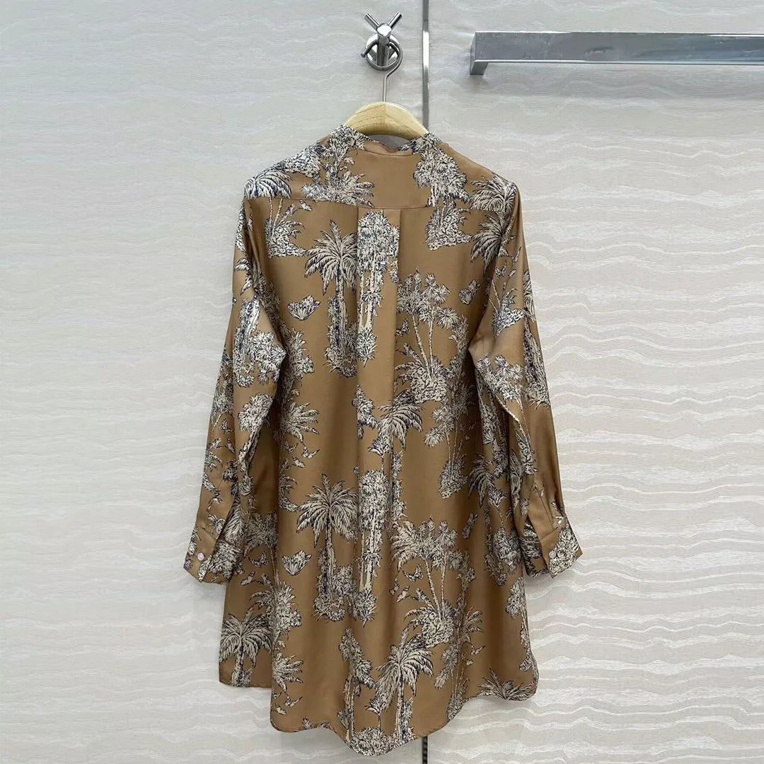 2025 New Autumn Vintage Coconut Tree Print Butterfly 100% Silk Long Shirt Women O-neck Long Sleeve Loose Casual Blouse Tops