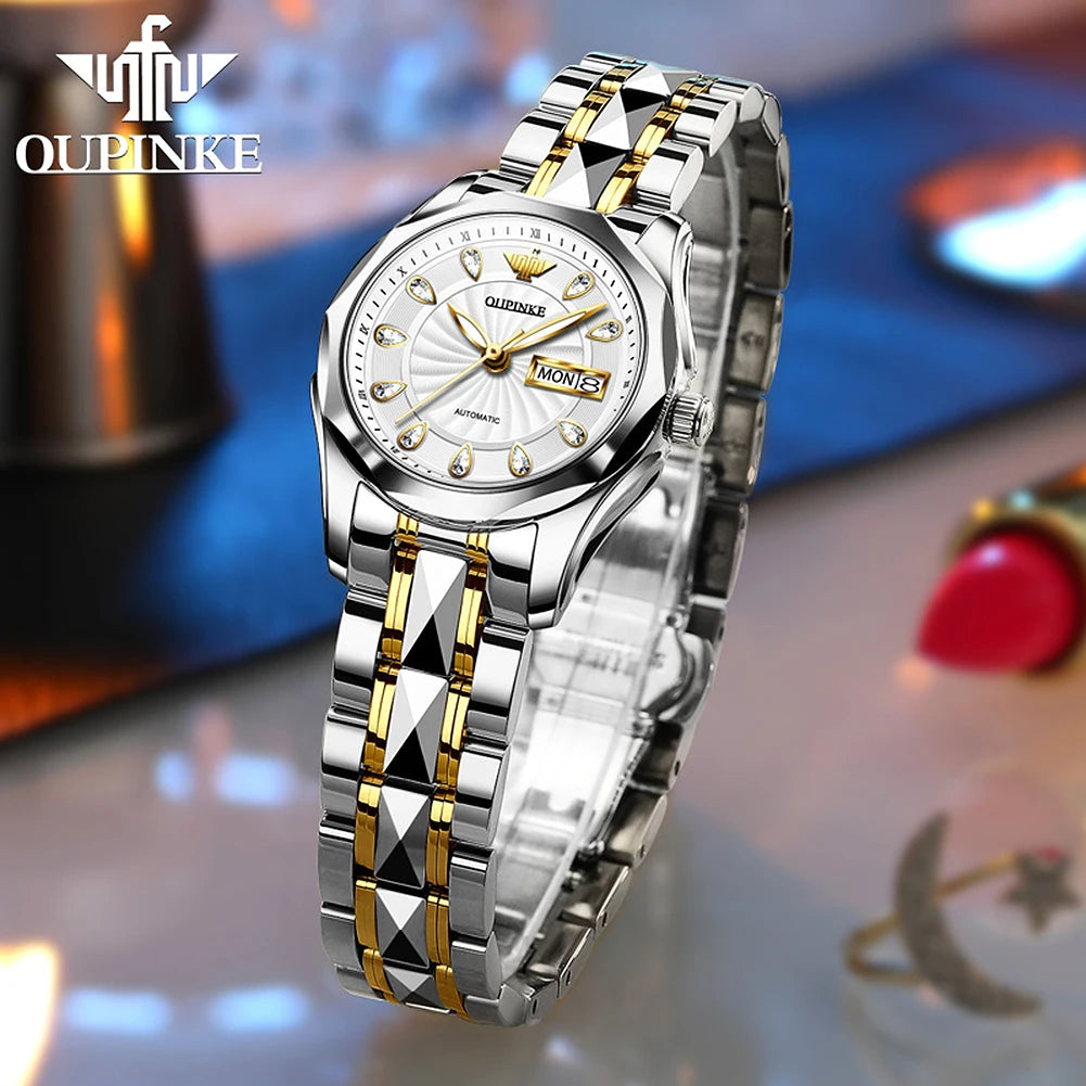 OUPINKE 3172 Fashion Simple Women Watch Gold Luxury Automatic Movement Mechanical Watch Business Calendar Elegant Women Watch