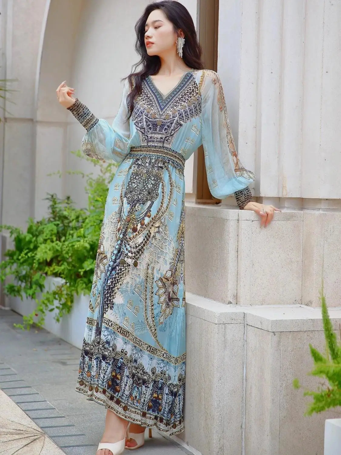 Spring Autumn New V-neck Long Sleeve Fashion Maxi Dress Women High Street Vintage Printing Dresses Elegant All-match Vestidos