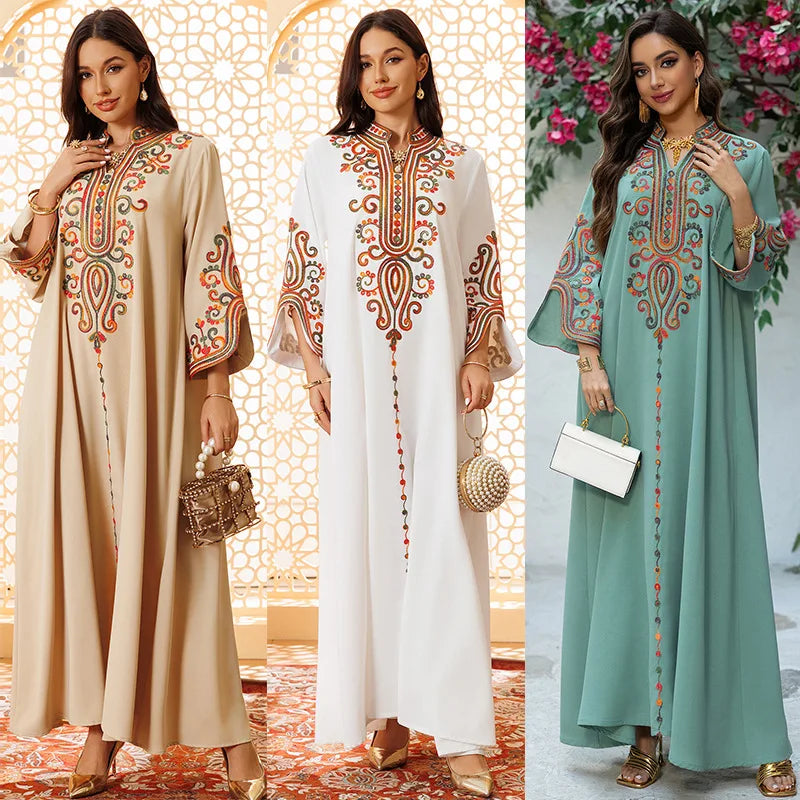 2025 Autumn And Winter Muslim Fashion Women's Embroidery Rope Embroidery Middle East Robe Arabic Dress