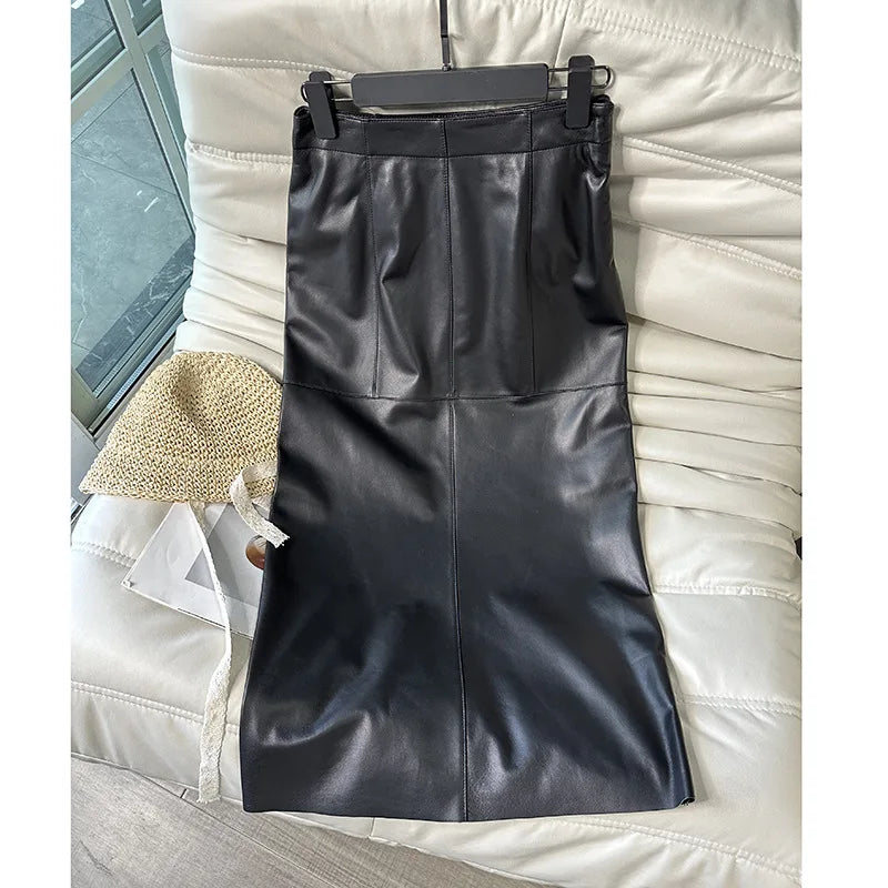 100% Real Leather Long Skirt Women 2024 New Fashion High Waist  Sexy Split Wrap Skirt Chic Ladies Sheepskin Pencil Skirts Luxury