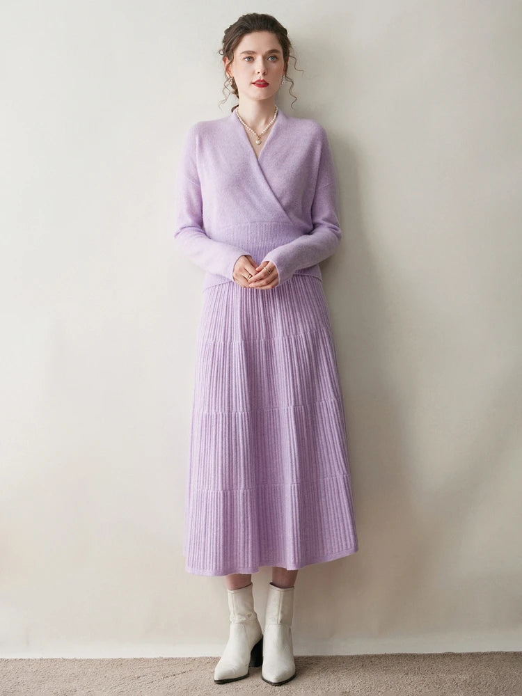 100% Cashmere Knitted Skirt Autumn Winter Women Elegant Tiered Pleats Slim A-line High Waisted Soild Office Lady Dress High-end