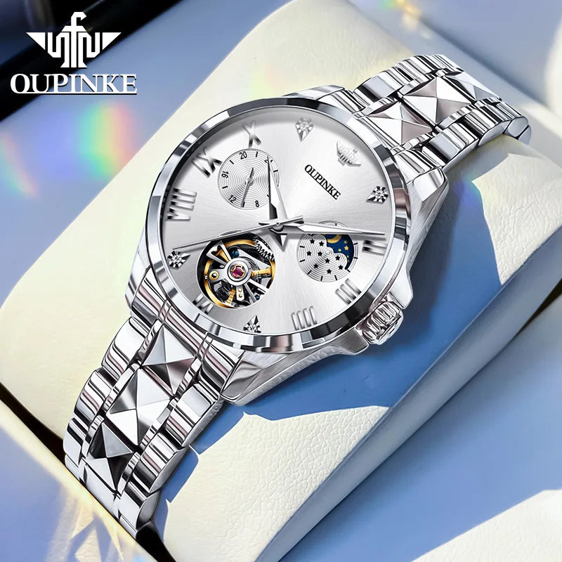 OUPINKE 3202 Women Watch Original Tungsten Steel Moon Phase Waterproof Watch Luxury Swiss Brand Women Automatic Mechanical Watch