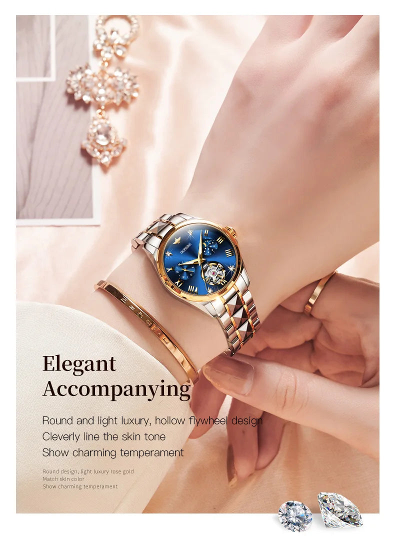 OUPINKE 3202 Women Watch Original Tungsten Steel Moon Phase Waterproof Watch Luxury Swiss Brand Women Automatic Mechanical Watch