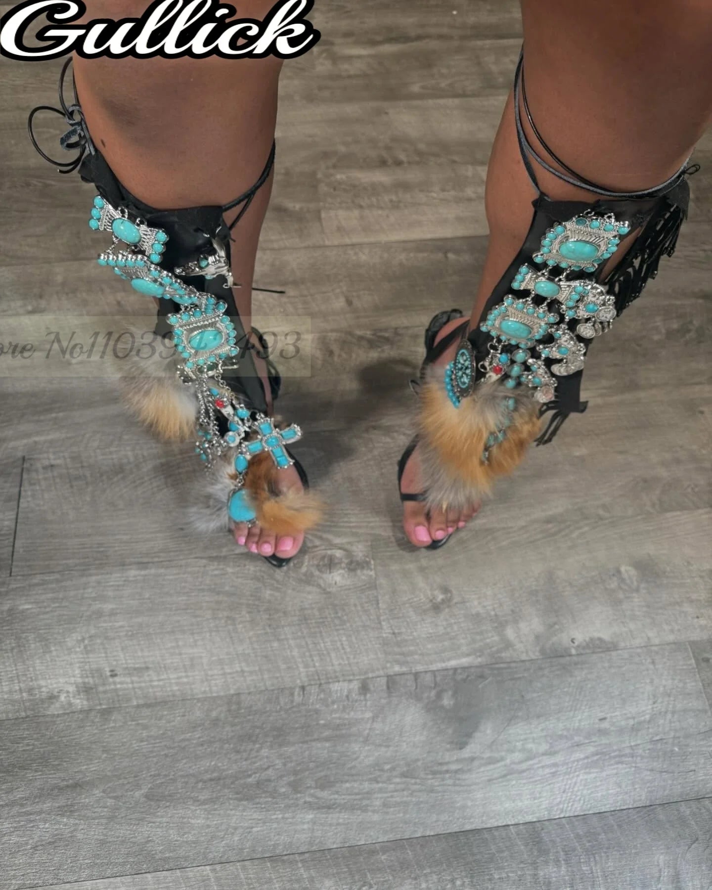2025 Fur Heeled Sandals Fringe Gladiator Heels Blue Gem Decor Sandalias De Mujer Women Luxury Designer Shoes Summer New Zapatos