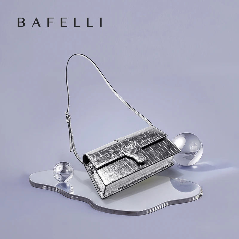 BAFELLI 2025 NEW WOMEN'S LUXURY BAGS CAT BRAND FASHION HANDBAG SILVER LEATHER CLUTCH STYLISH EVENING CASUAL PURSE HIGH QUALITY