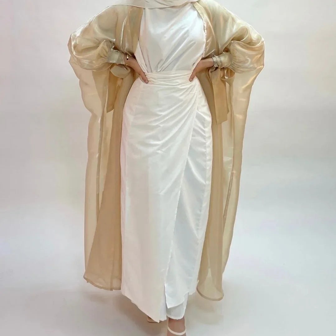 2025 Eid Abaya Dubai Puff Sleeves Muslim Dress Silky Turkey Kaftans for WomenRobe Kimono Islam Abayas Femme Musulmane African