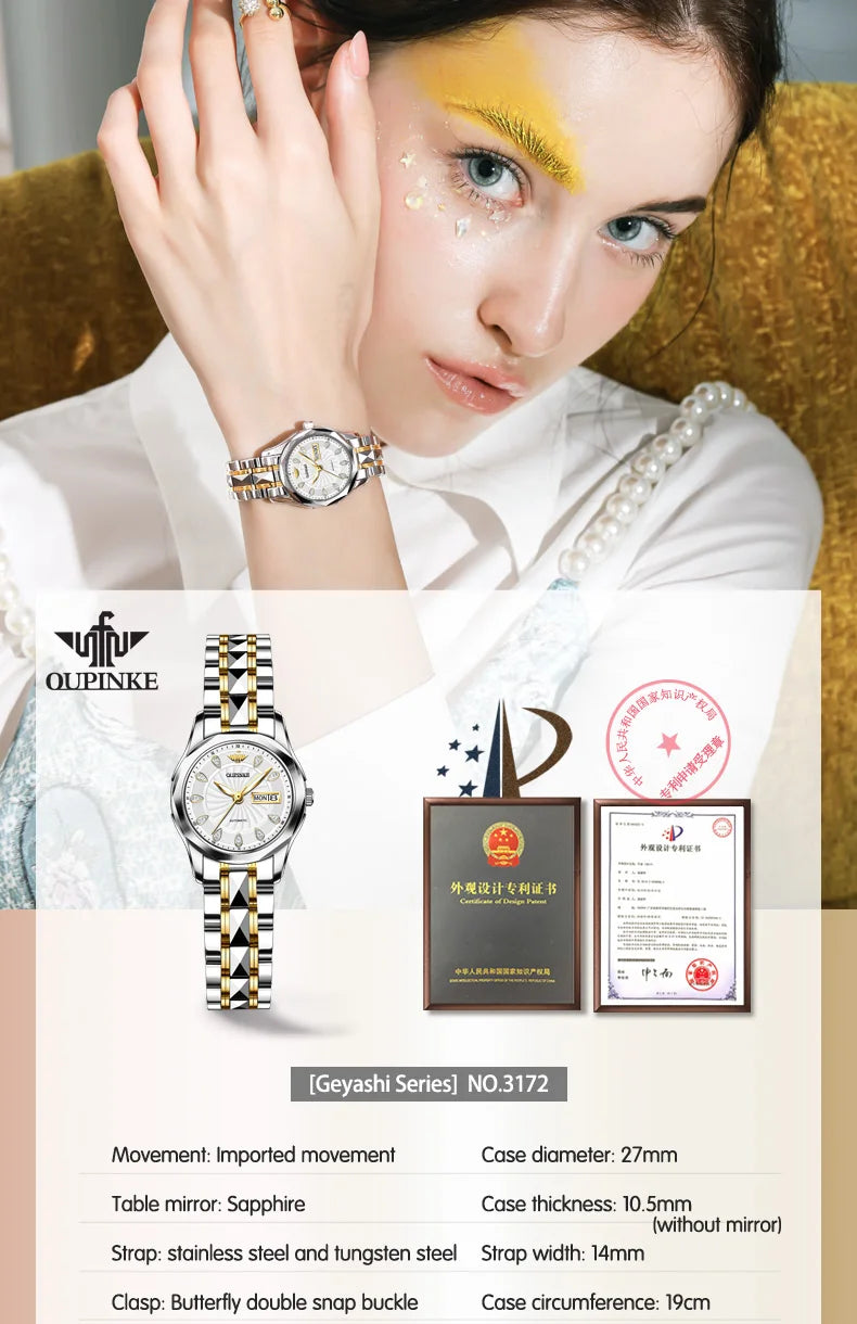OUPINKE 3172 Fashion Simple Women Watch Gold Luxury Automatic Movement Mechanical Watch Business Calendar Elegant Women Watch