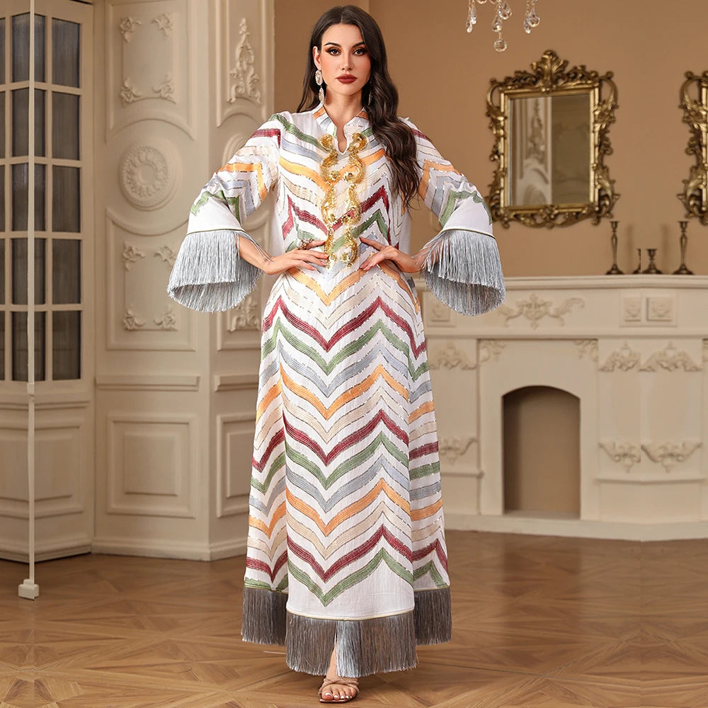 Ramadan Ethnic Saudi Women Abaya Elegant Embroidery Tassels Kaftan Clothing Jalabiya Moroccan African Dress 2025