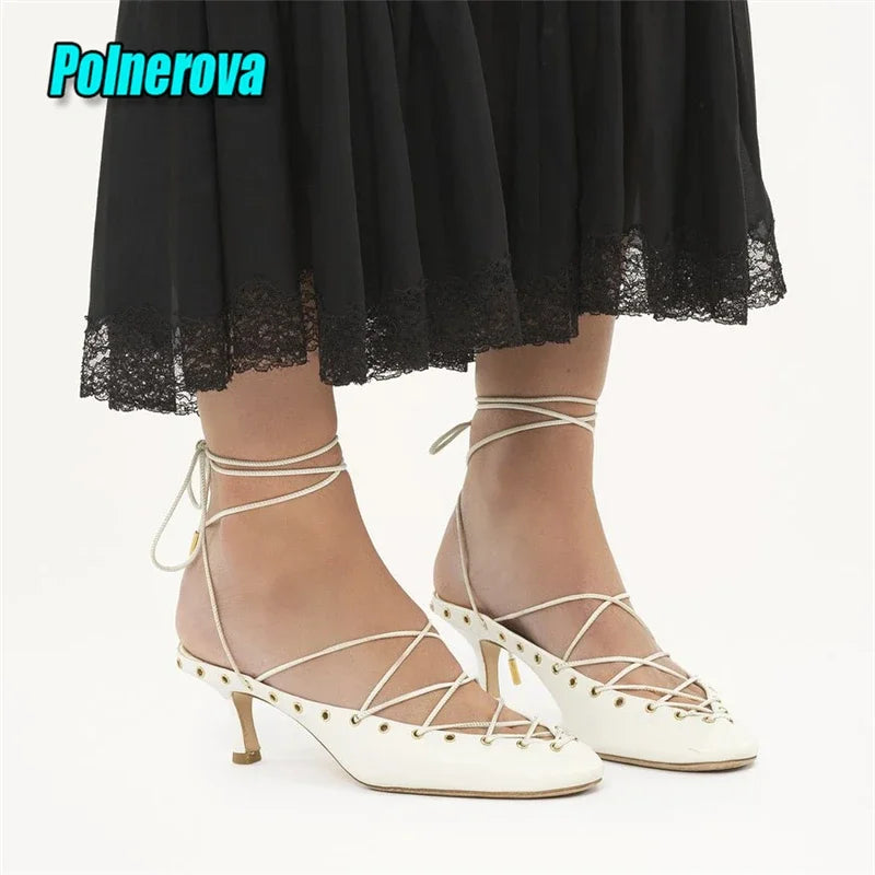 Sexy Cross Strap Women's Sandals Solid Color Round Toe Ankle Lace-up Kitten Heel Pumps Summer Elegant Comfort Casual Flat Shoes