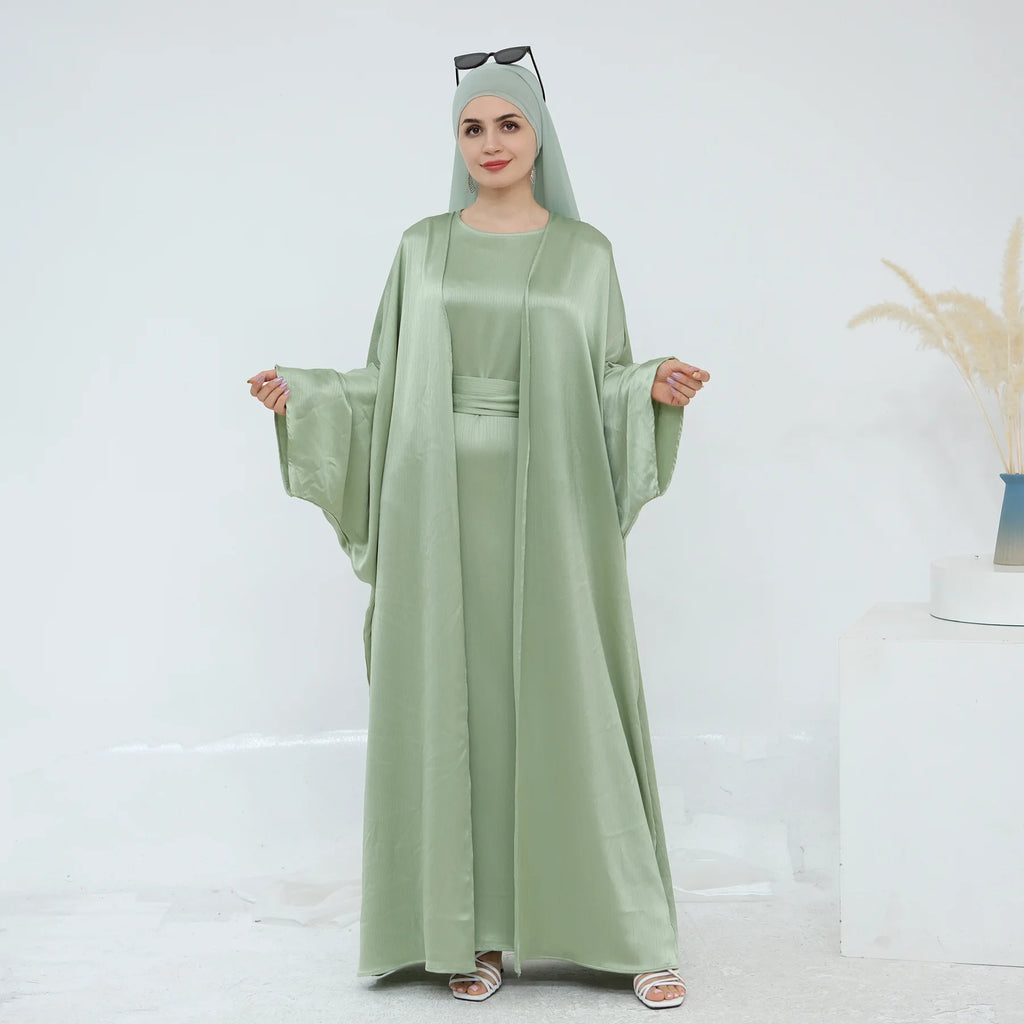 Ramadan Muslim Women 2 Piece Set Party Dresses Abaya Eid Jalabiya Sashes Morocco Dubai Kaftan Cardigan Robe Kimono Kebaya Caftan