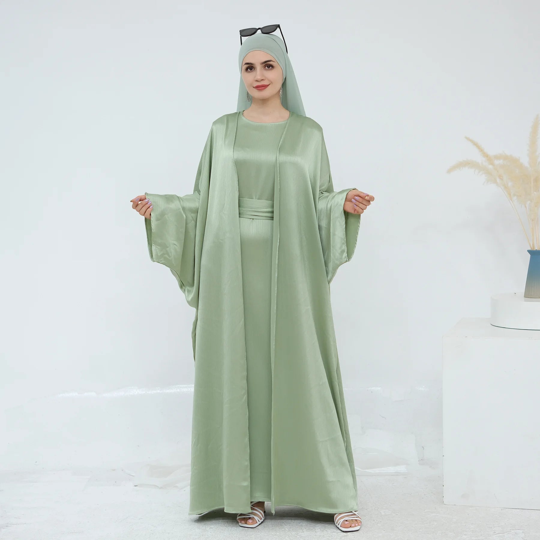 Ramadan Muslim Women 2 Piece Set Party Dresses Abaya Eid Jalabiya Sashes Morocco Dubai Kaftan Cardigan Robe Kimono Kebaya Caftan